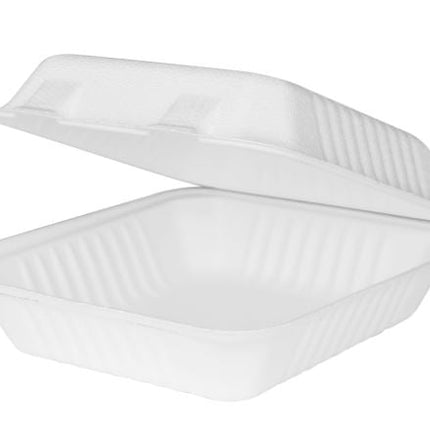8" x 8" Fiber Hinged Container, PFAs Free, Natural, Compostable – white - Image 1