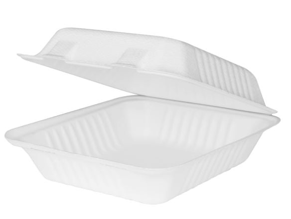 8" x 8" Fiber Hinged Container, PFAs Free, Natural, Compostable – white - Image 1