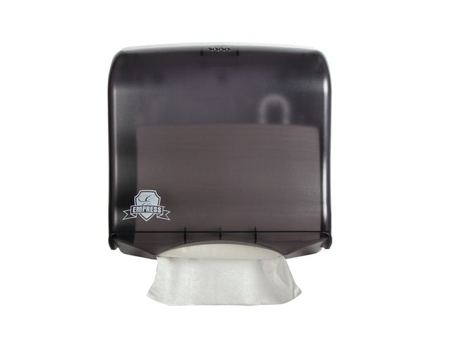 Imperi black smoke multifold paper towel dispenser wall mounted for commercial restrooms and foodservice facilities. - Image 1